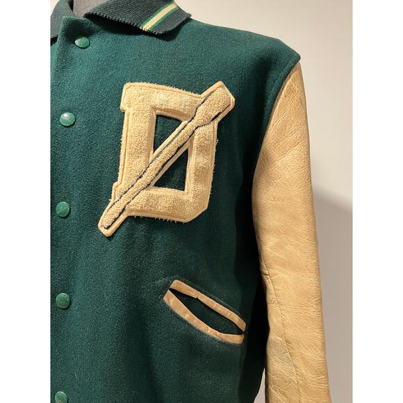 Men's Varsity Letterman Bomber Jacket Green Yellow D Dartmouth Rowing - Picture 4 of 15